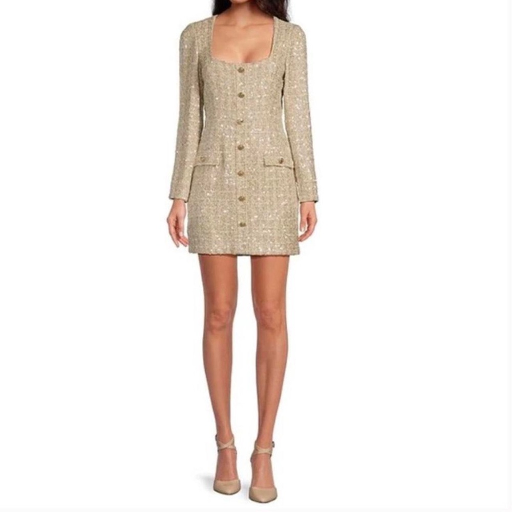 GIANNI BINI LISSY SEQUIN TWEED LONG SLEEVE BUTTON MINI DRESS SIZE 6